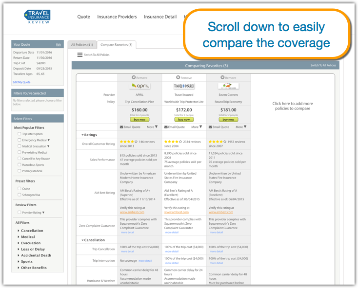 Insurance travel compare plans comparison coverage review information side listing click Insurance travel compare plans comparison coverage review information side listing click